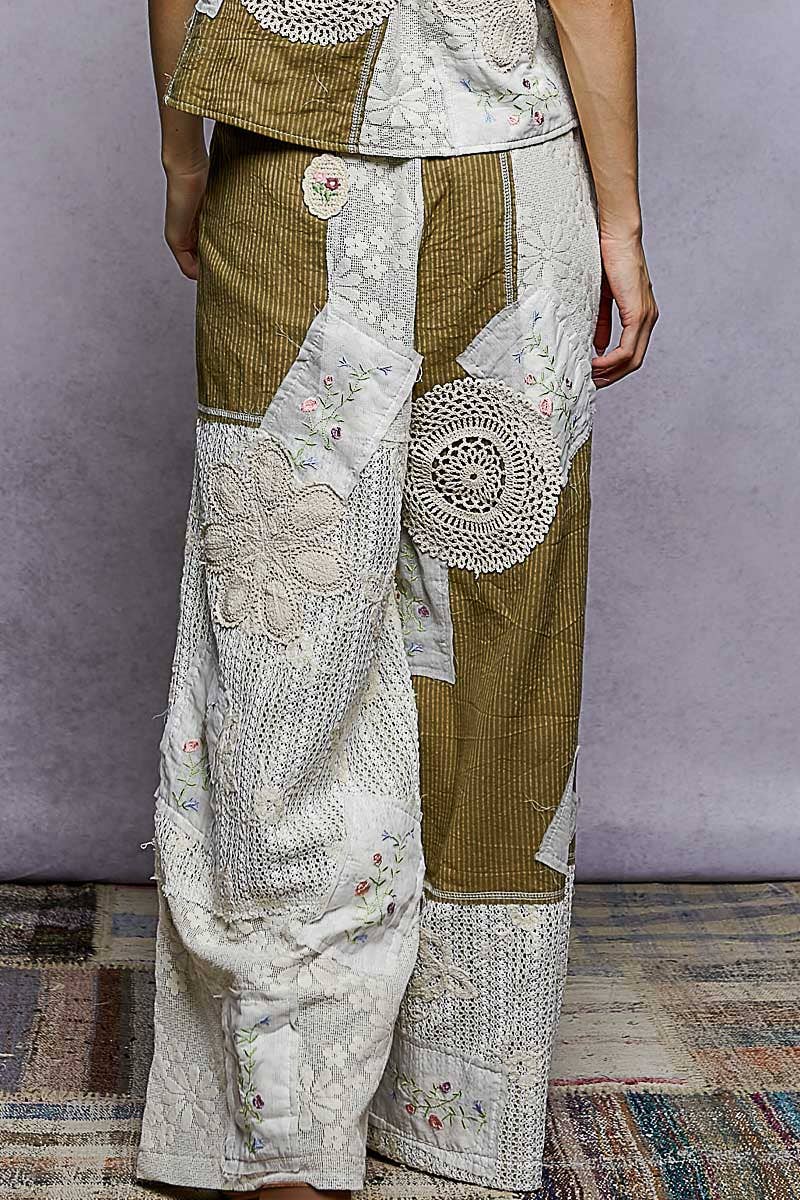 Solid Lace Patch Detail Woven Pants: NATURAL / M