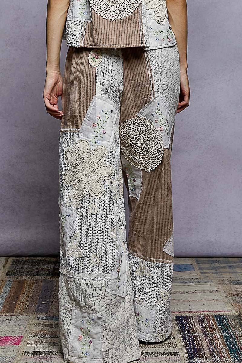 Solid Lace Patch Detail Woven Pants: CHARCOAL / L