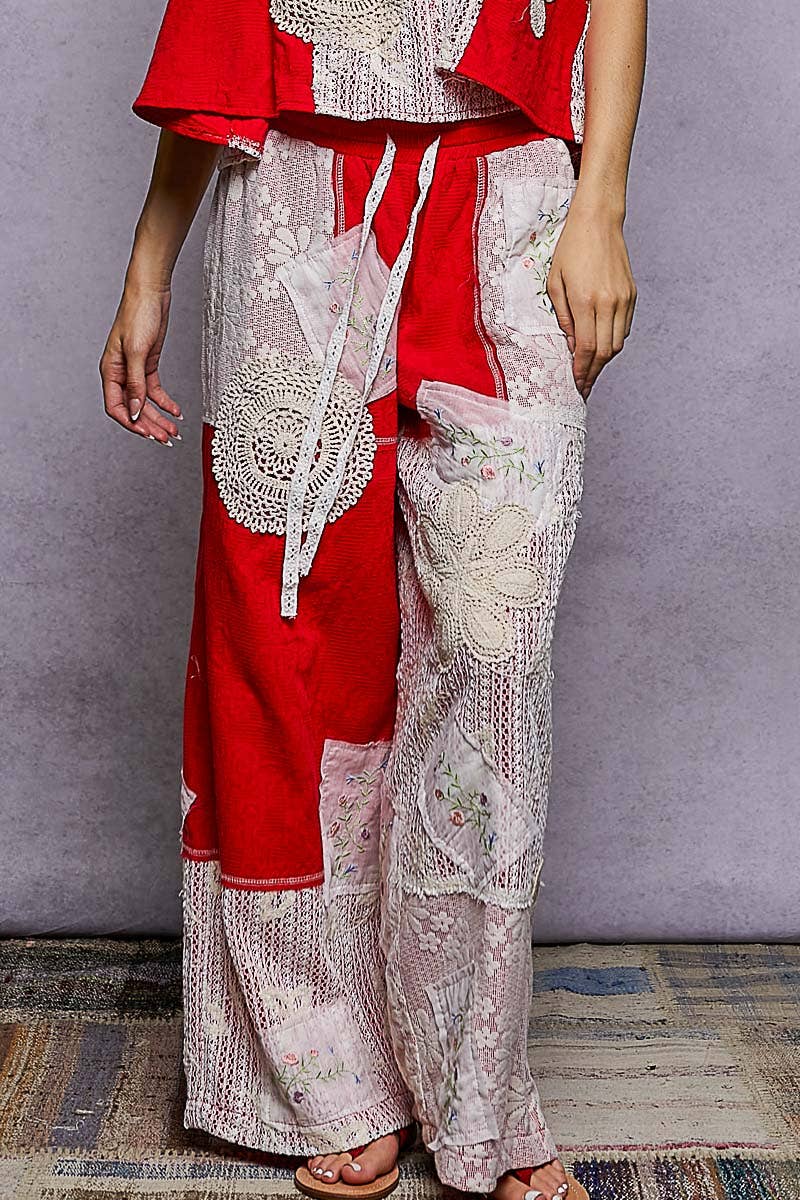Solid Lace Patch Detail Woven Pants: NATURAL / M