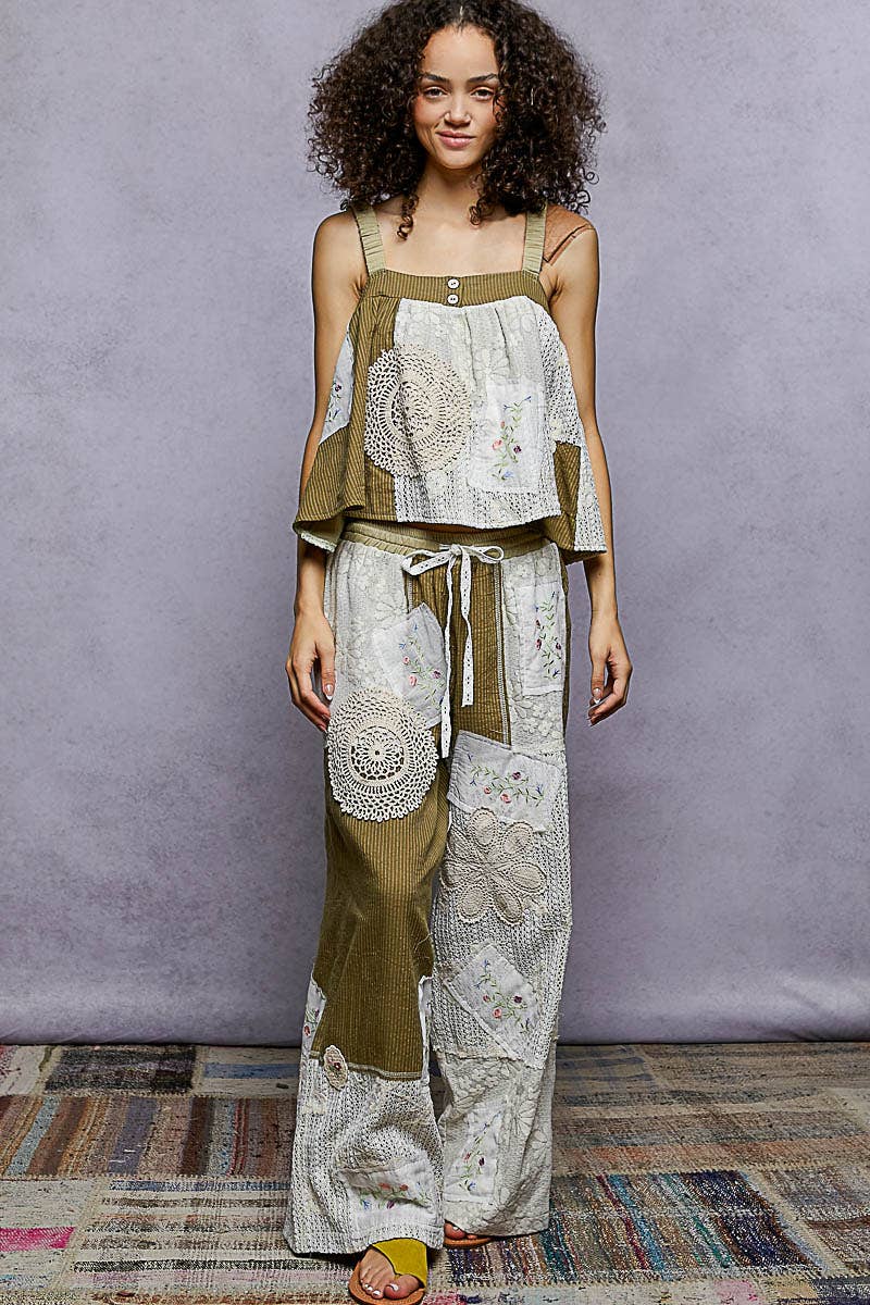 Solid Lace Patch Detail Woven Pants: NATURAL / M