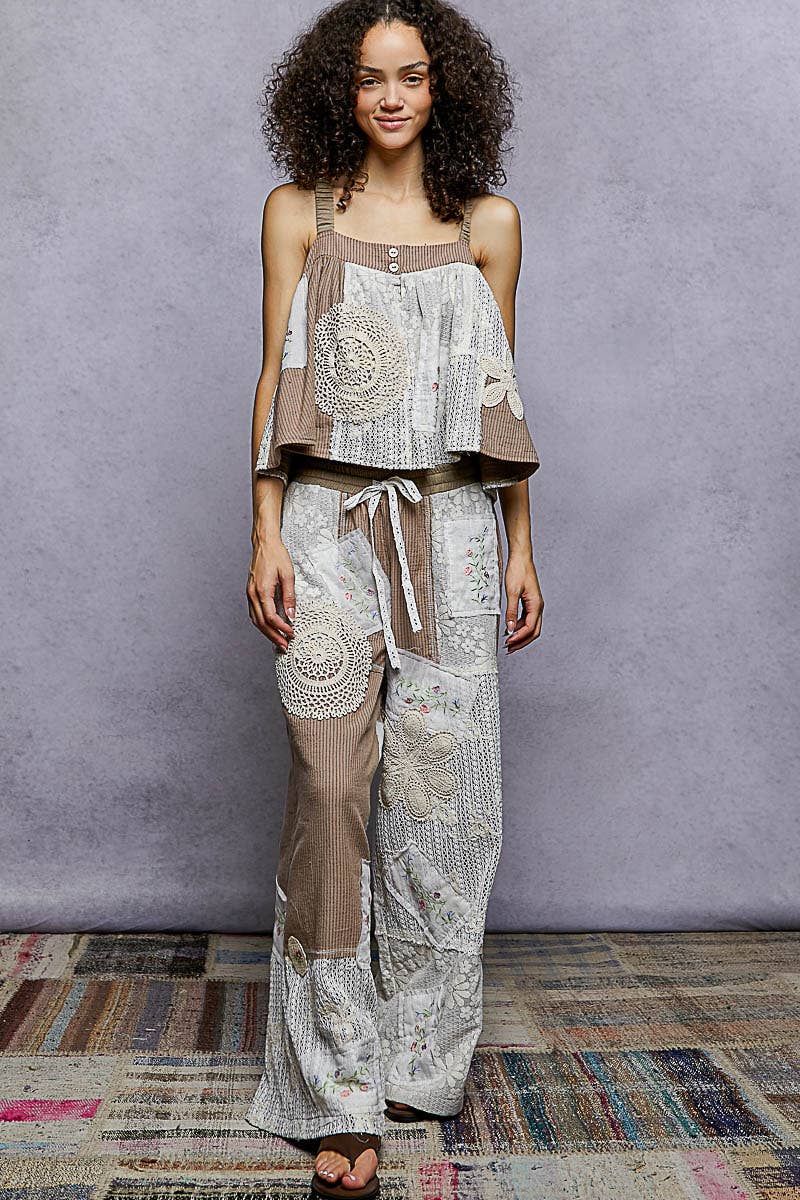 Solid Lace Patch Detail Woven Pants: CHARCOAL / L