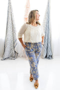 Blue & Cream Flower Pants in Cotton Print: S/M