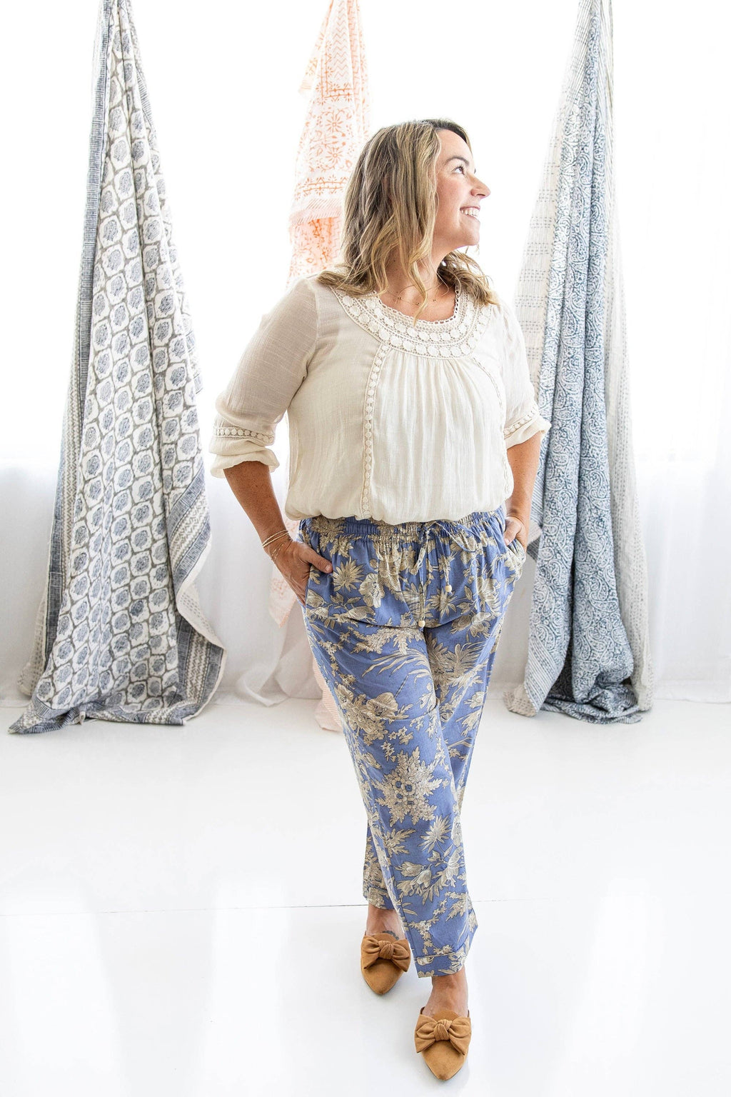 Blue & Cream Flower Pants in Cotton Print: L/XL