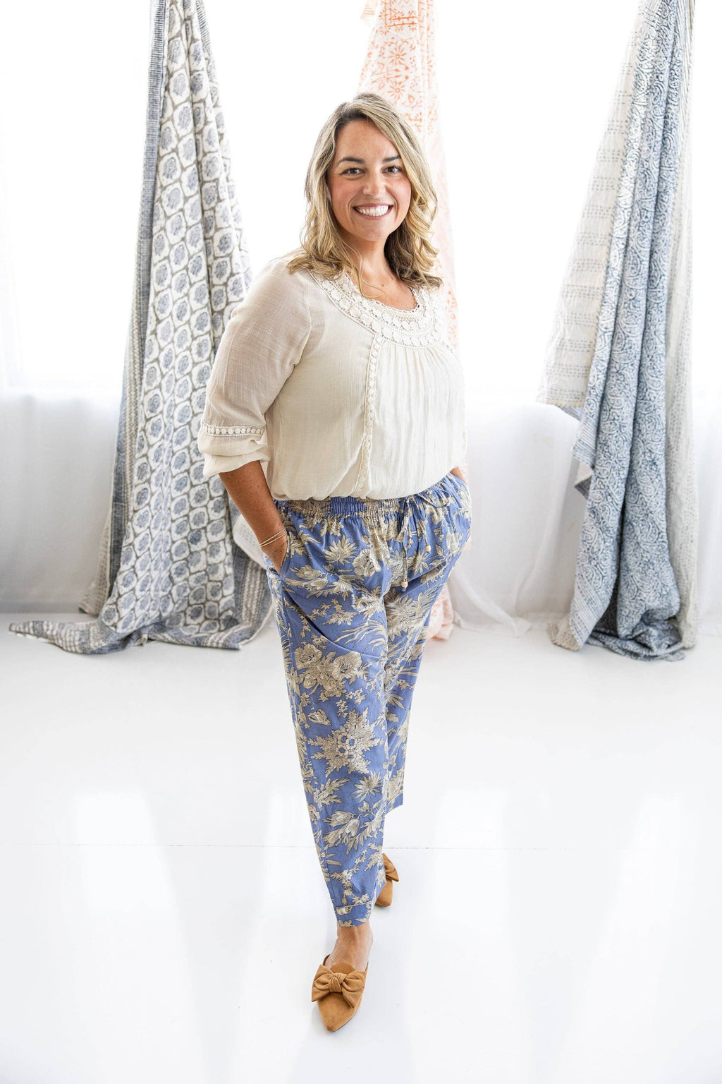 Blue & Cream Flower Pants in Cotton Print: L/XL