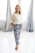Blue & Cream Flower Pants in Cotton Print: L/XL