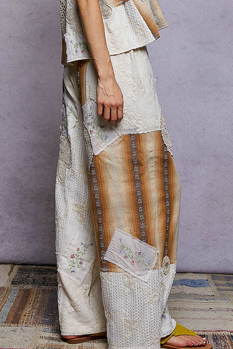 Solid Lace Patch Detail Woven Pants: NATURAL / M