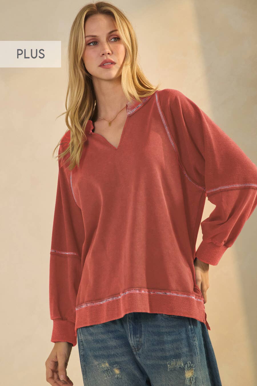 Plus Acid Washed Long Sleeve Sweatshirts: Washed Terracotta / Plus Size / XL