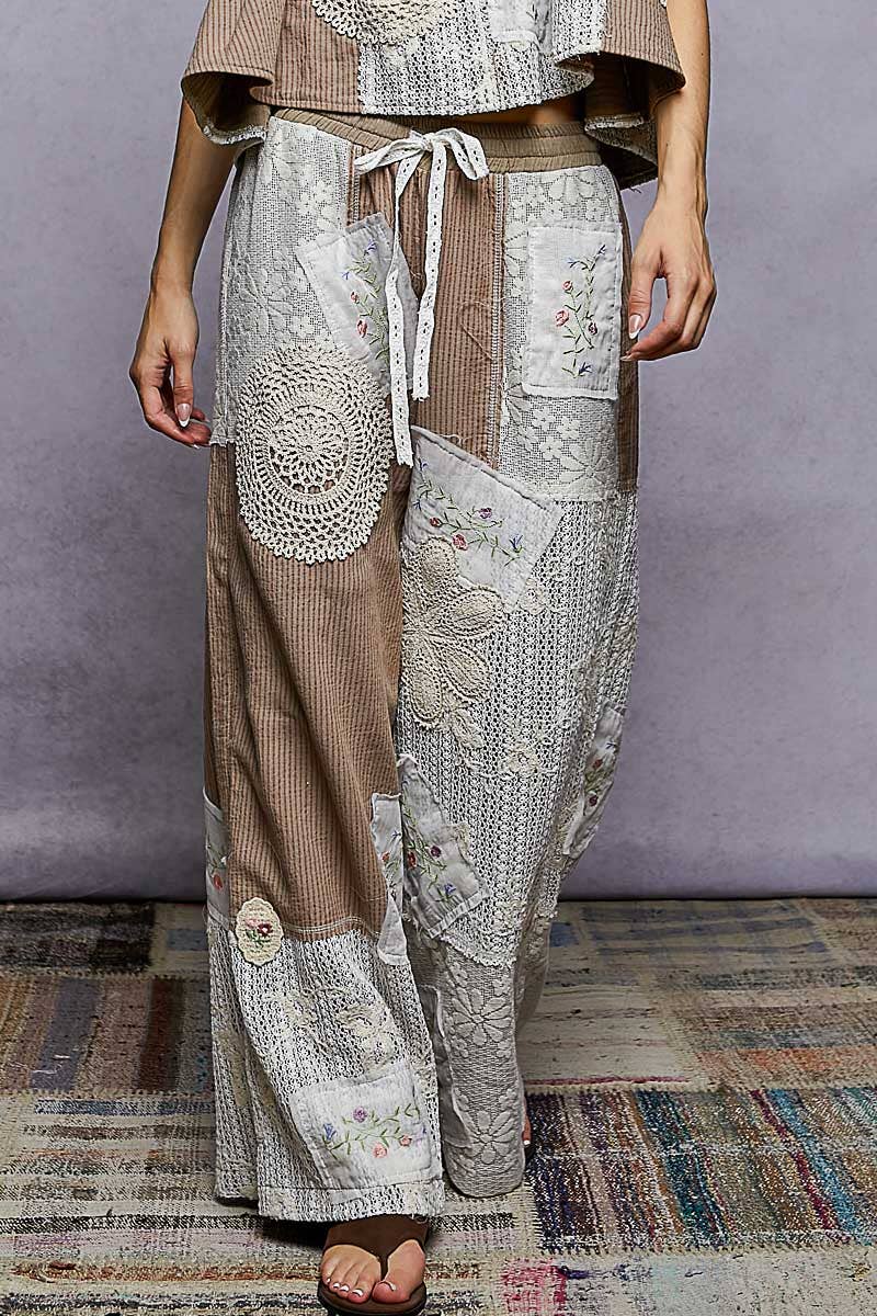 Solid Lace Patch Detail Woven Pants: CHARCOAL / L