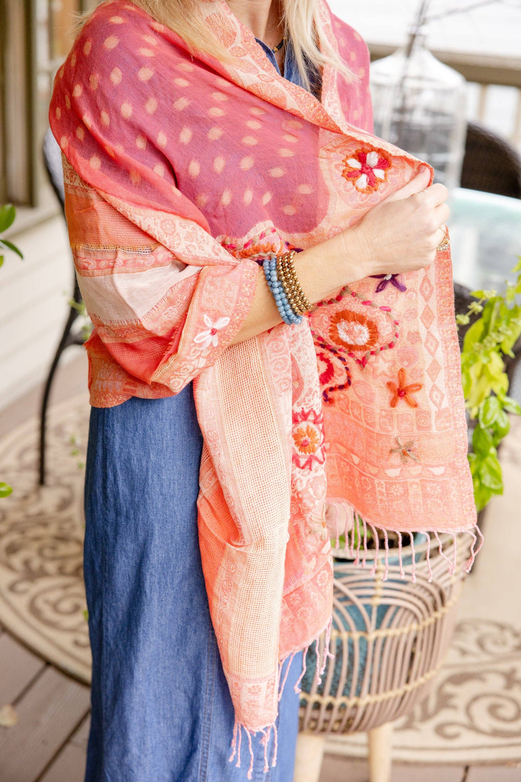 Layered Wool Embroidered Wrap: Salmon