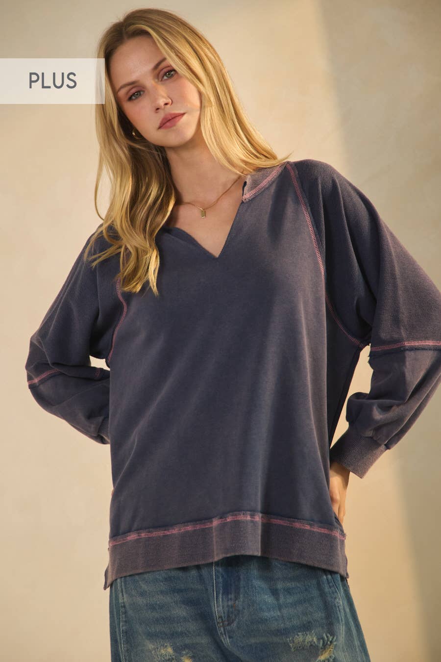 Plus Acid Washed Long Sleeve Sweatshirts: Washed Navy / Plus Size / 3XL