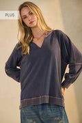 Plus Acid Washed Long Sleeve Sweatshirts: Washed Navy / Plus Size / XL