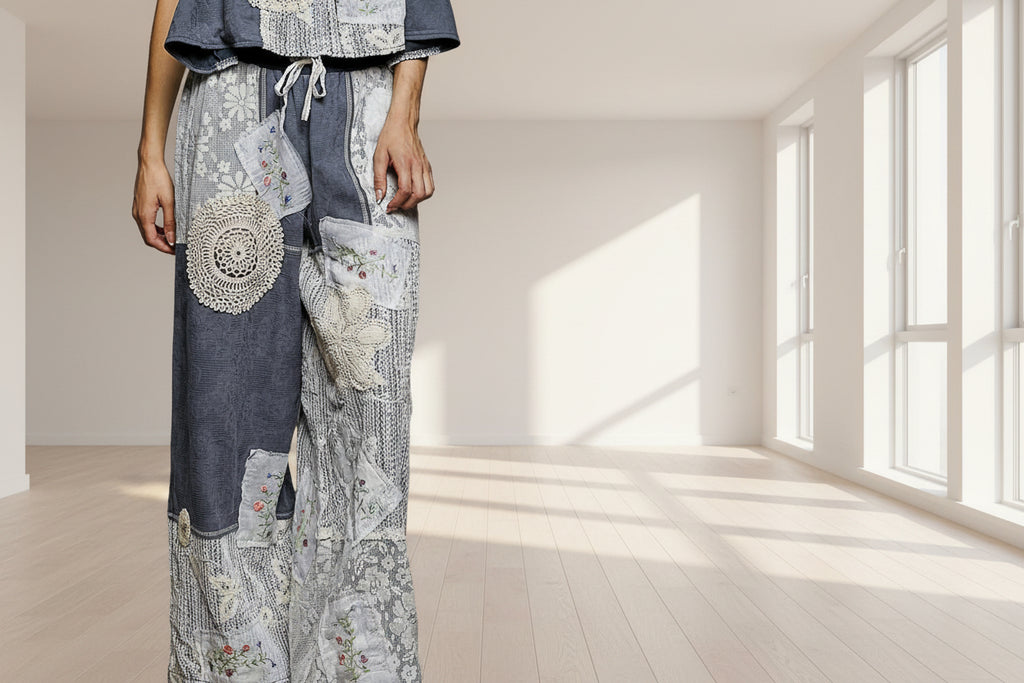 Solid Lace Patch Detail Woven Pants: CHARCOAL / L