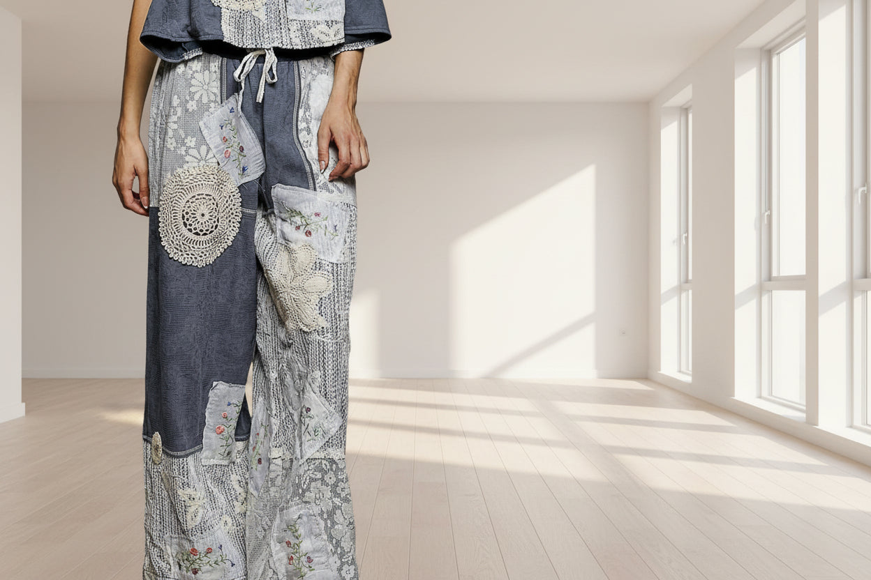 Solid Lace Patch Detail Woven Pants: CHARCOAL / L