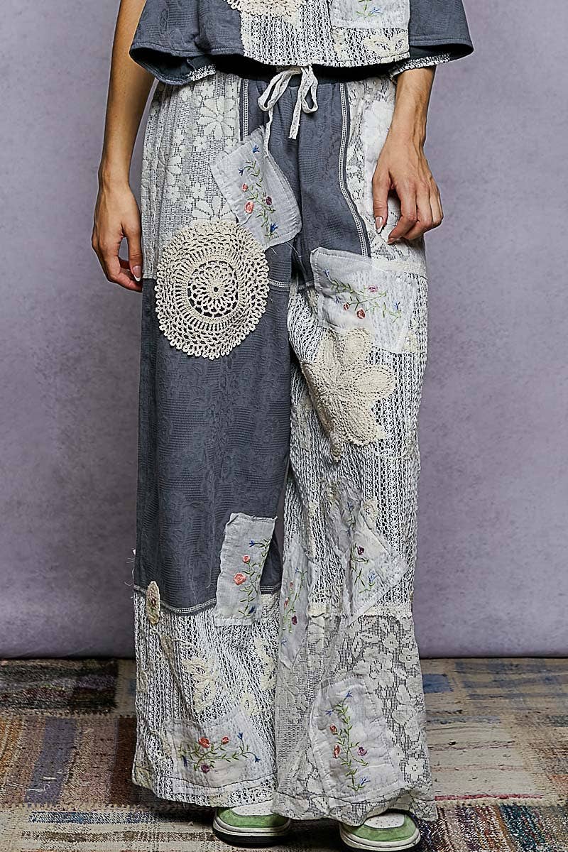 Solid Lace Patch Detail Woven Pants: CHARCOAL / M
