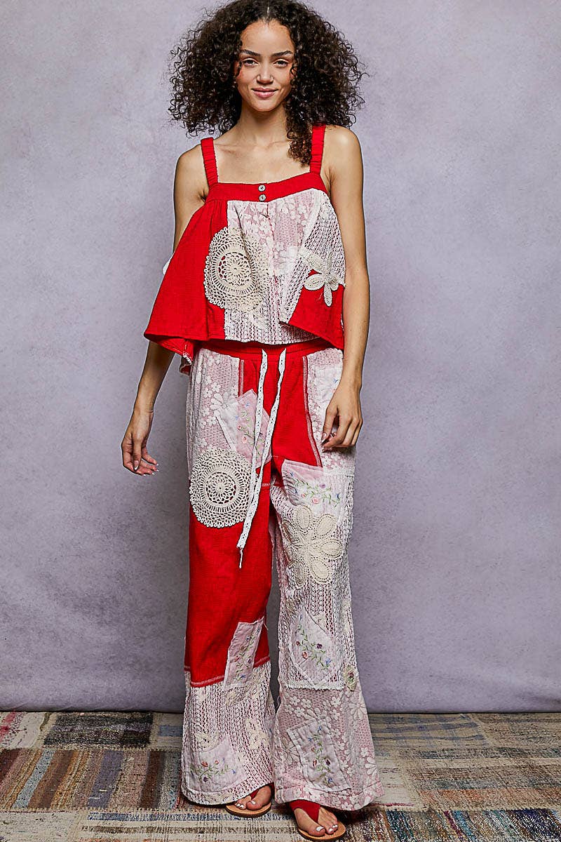 Solid Lace Patch Detail Woven Pants: NATURAL / M