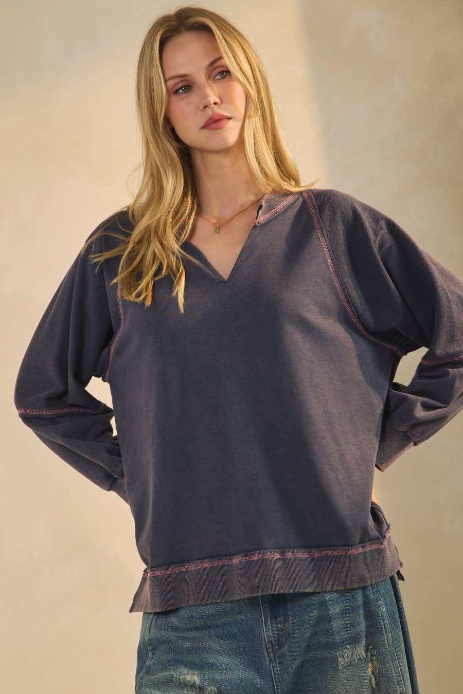 Plus Acid Washed Long Sleeve Sweatshirts: Washed Navy / Plus Size / 2XL
