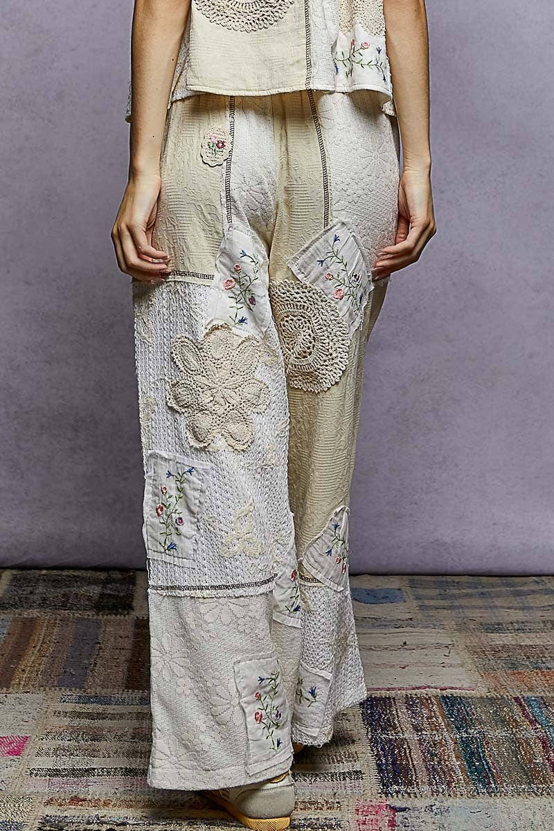 Solid Lace Patch Detail Woven Pants: NATURAL / M