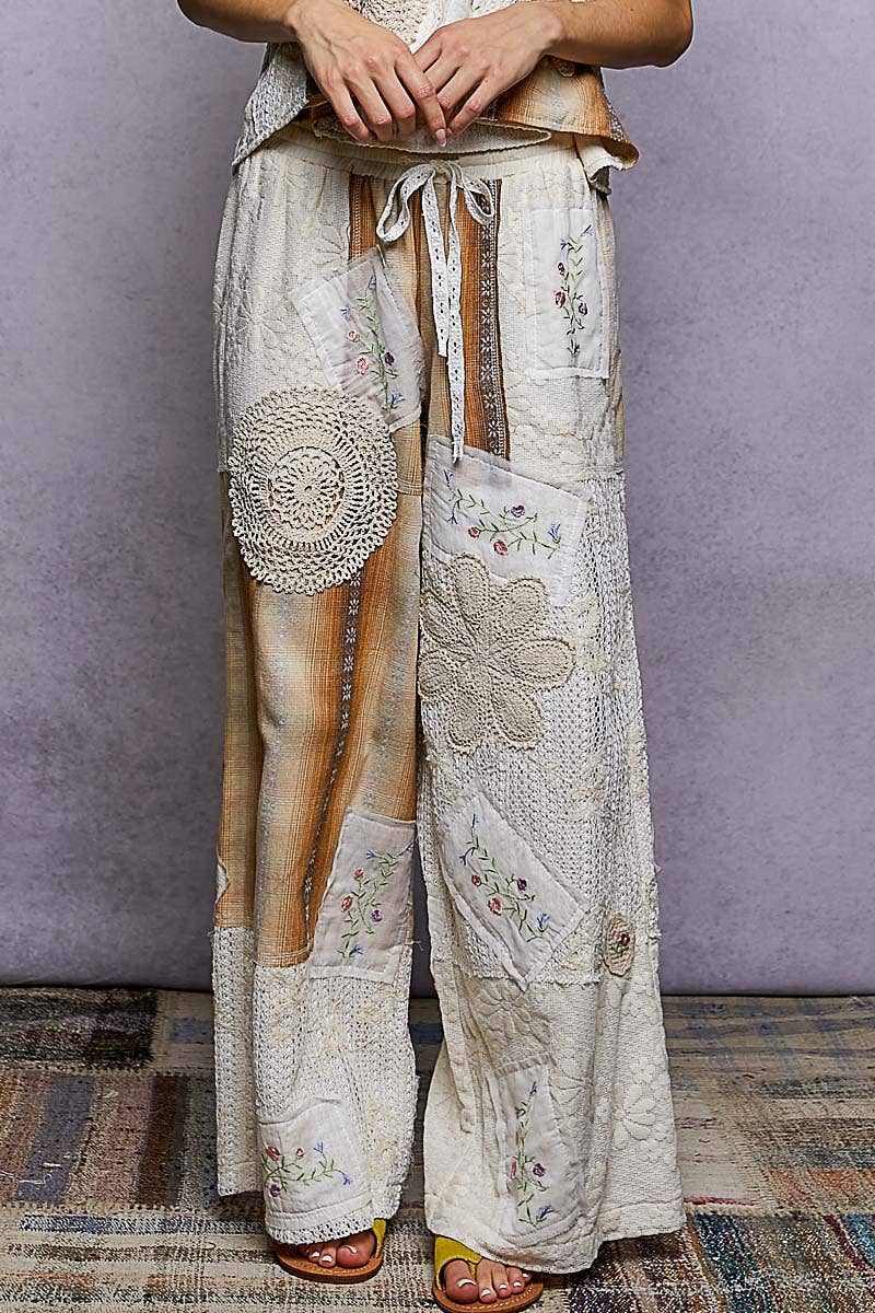 Solid Lace Patch Detail Woven Pants: CHARCOAL / L