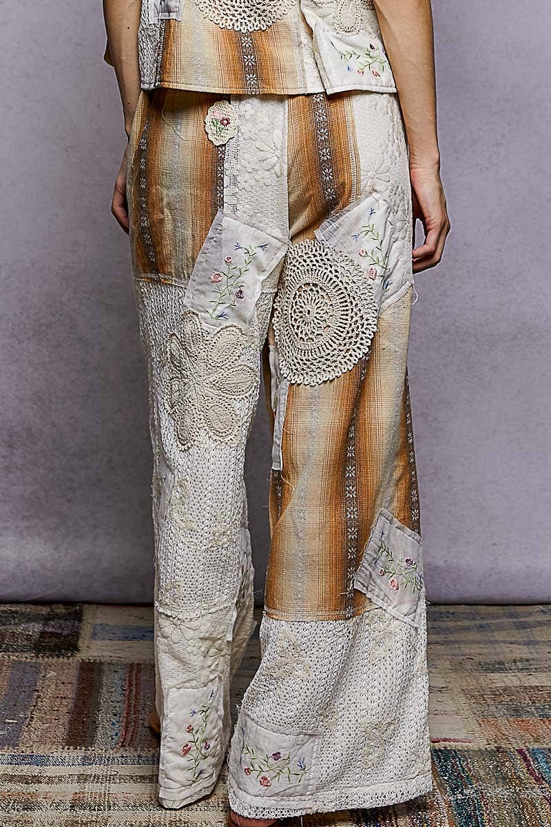 Solid Lace Patch Detail Woven Pants: NATURAL / M