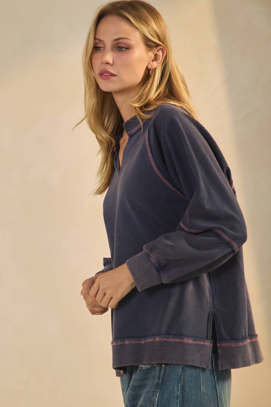 Acid Washed Long Sleeve Sweatshirts: Washed Navy / S